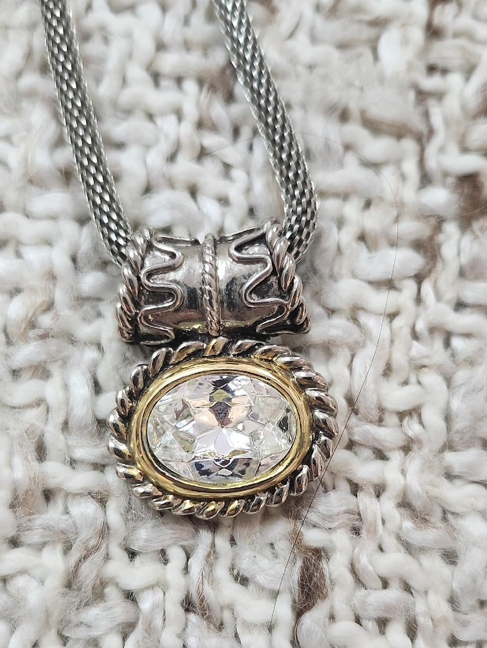 Elegant Silver Tone Mesh Chain Necklace with Sparkling Oval Crystal Pendant